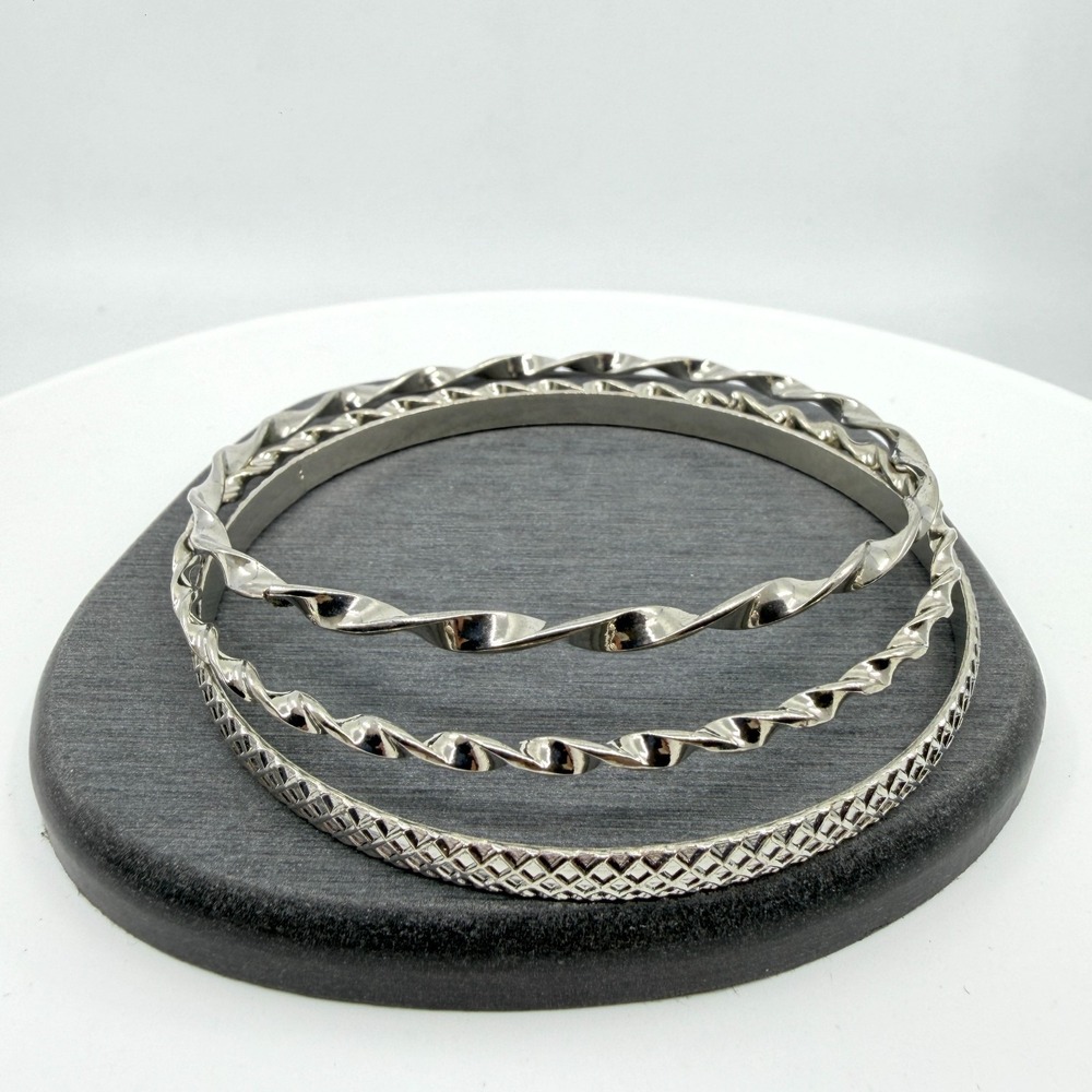 Silver Tone Stackable Bangles Textured Twisted Metal Trio Set Bracelets Gift